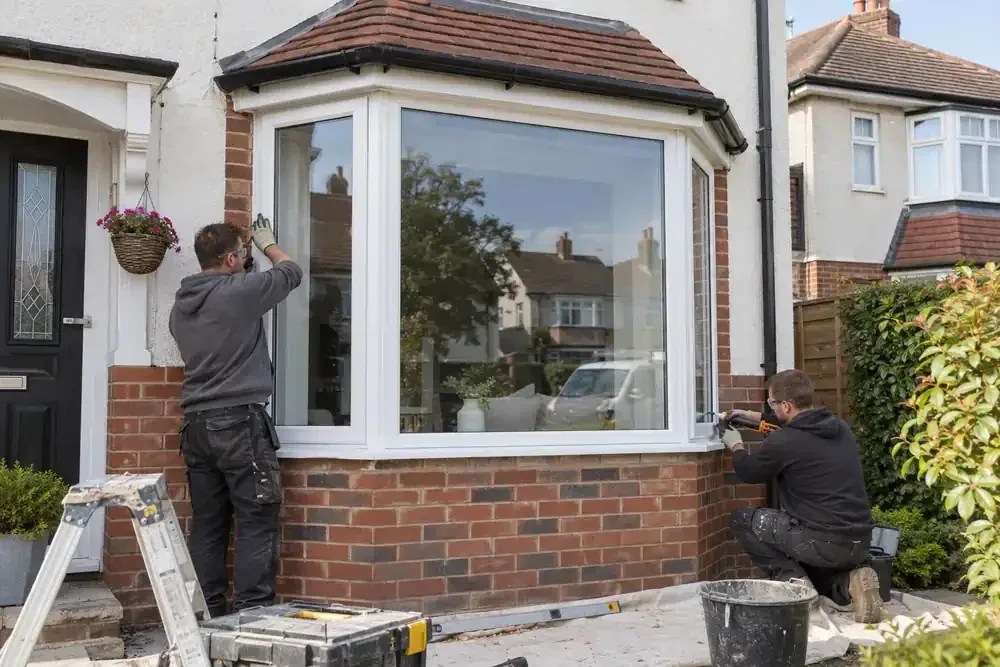 Window fitters installing large white bay windows on a brick house