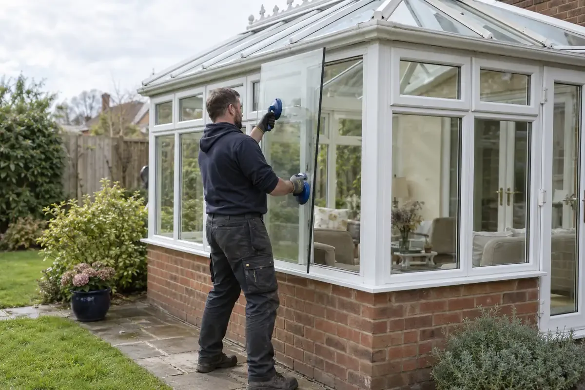 Glazier measuring side glazing on a conservatory