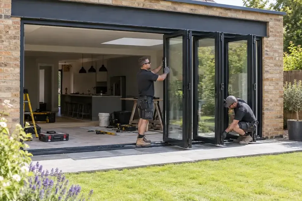 Team installing full-width black folding glazed doors