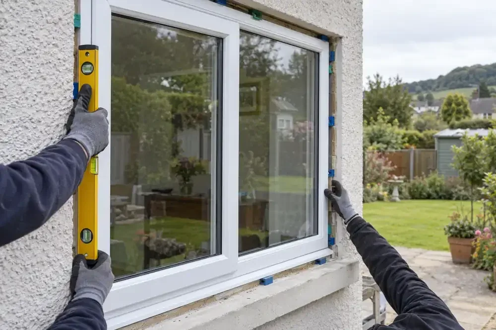 Fitters levelling a white window within an exterior opening