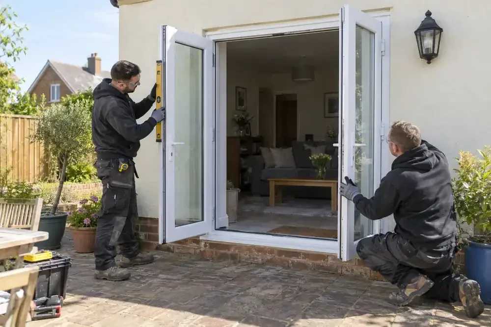 Fitters installing white glazed French doors opening to a garden