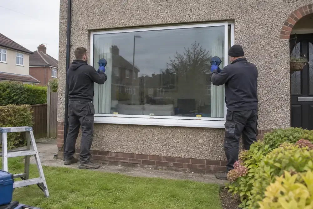 Two glaziers positioning a large replacement glass unit