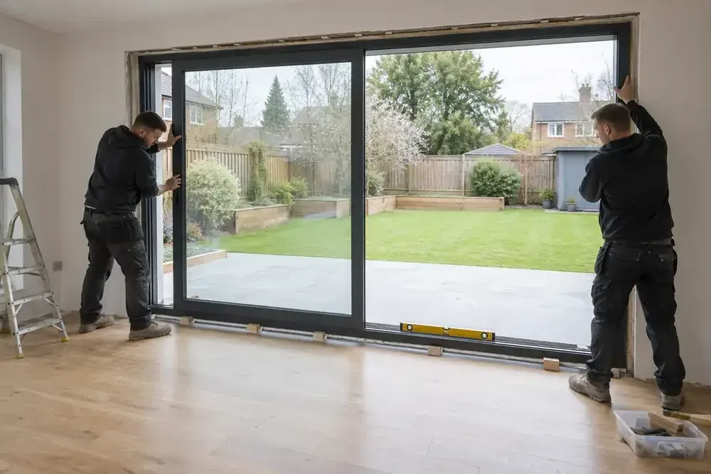 Two fitters positioning a wide sliding patio door