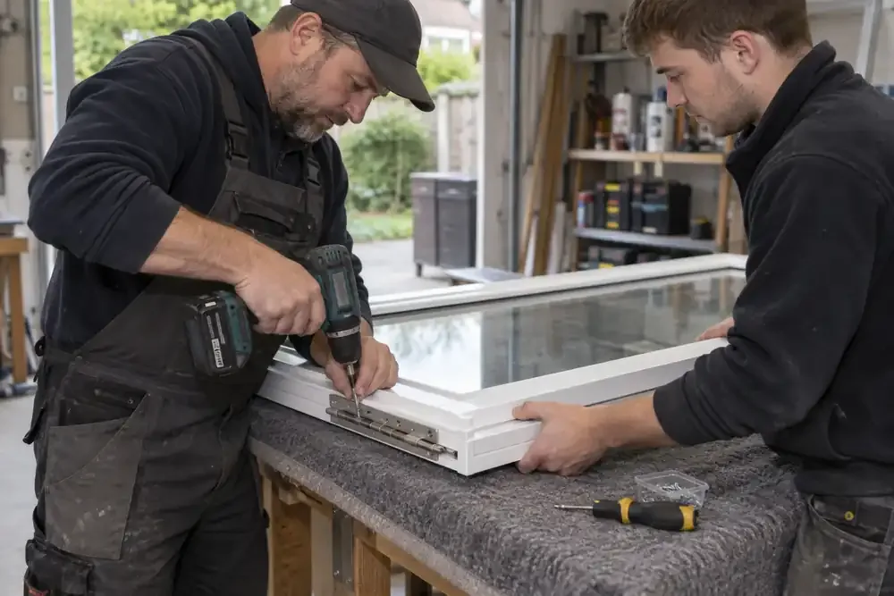 Window fitter working on hinges and hardware at a bench