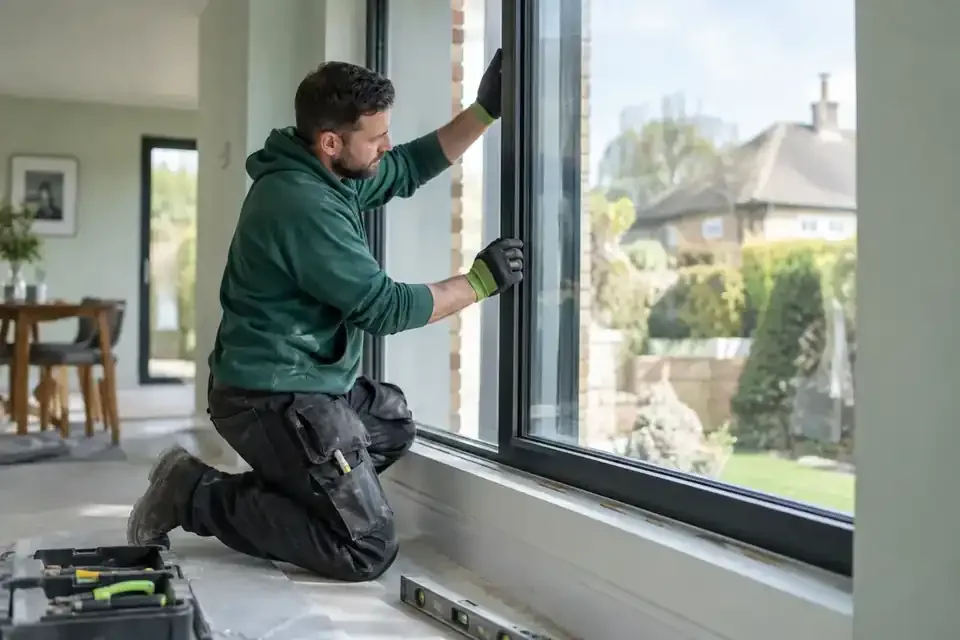 Fitter checking the opening edge of a glazed window