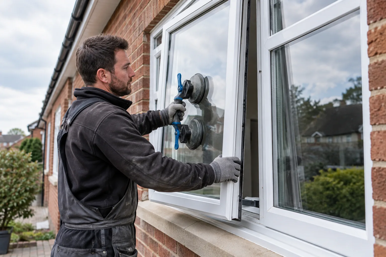 A professional window fitter installing a white uPVC double glazed casement window in a British brick home. Viewed from outside at ground level, using a glazing suction lifter with gloved hands, tidy accurate installation, protective workwear.