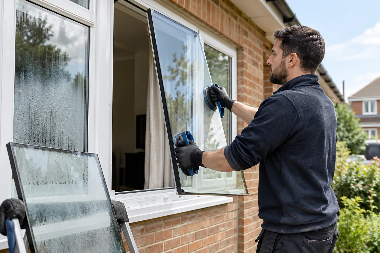 Close natural photograph of a professional glazier replacing a misted sealed double glazed glass unit in an existing white uPVC window at a British home, small misted old sealed glass panel safely resting on a padded rack, clean replacement panel supported by suction lifters and gloved hands, no broken glass.