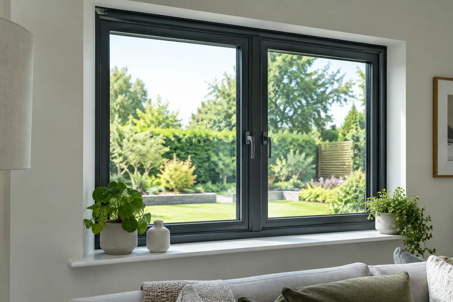 Beautiful installed slim anthracite aluminium double glazed casement window in a modern British home, realistic frame profiles, tasteful neutral interior and green garden view, focus on high quality glazing and frame finish.