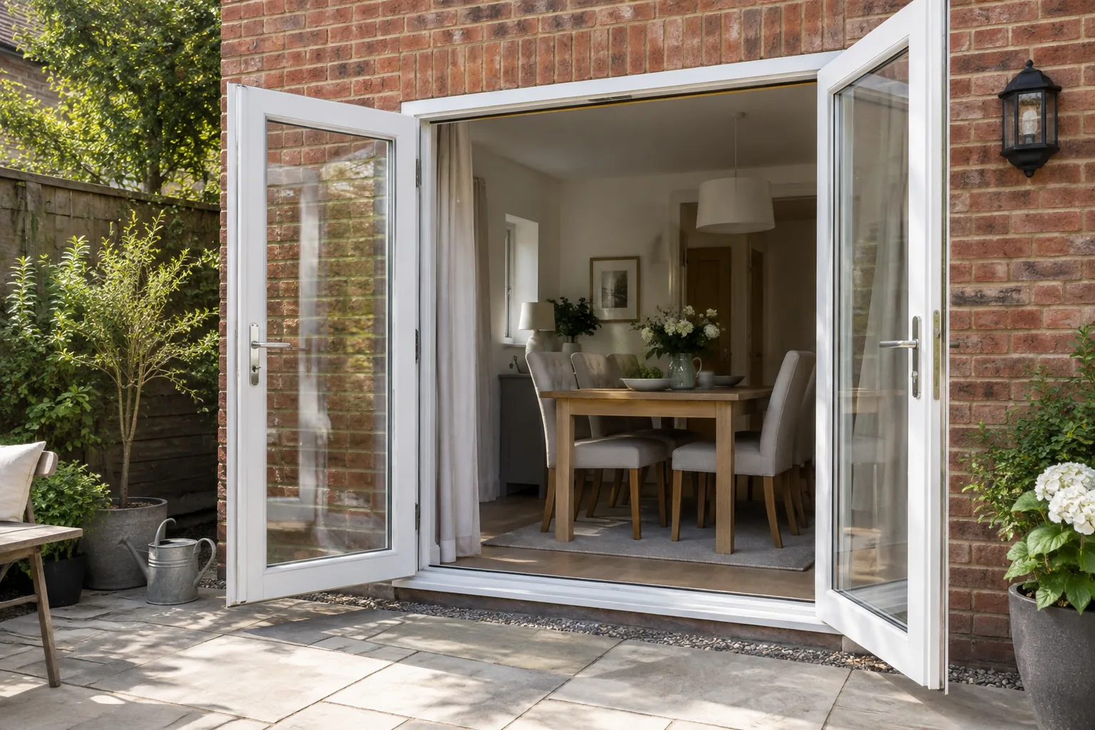 White double glazed French patio doors open from a light British dining room onto a modest garden patio, accurate paired hinged doors with attractive neat frame details, brick exterior, realistic residential setting.