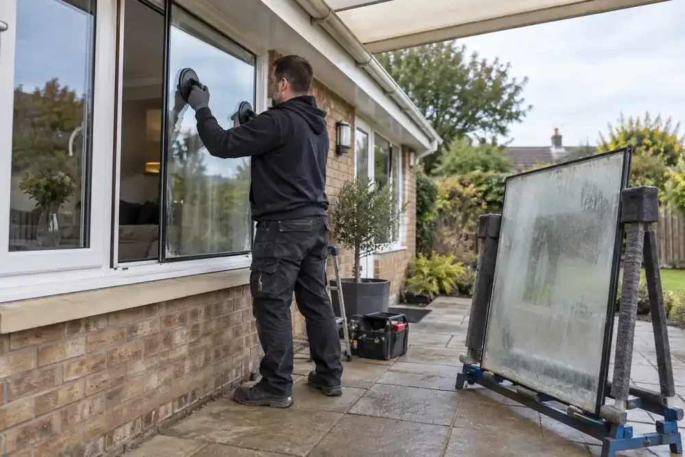 Glazier replacing a sealed window unit beside a misted pane