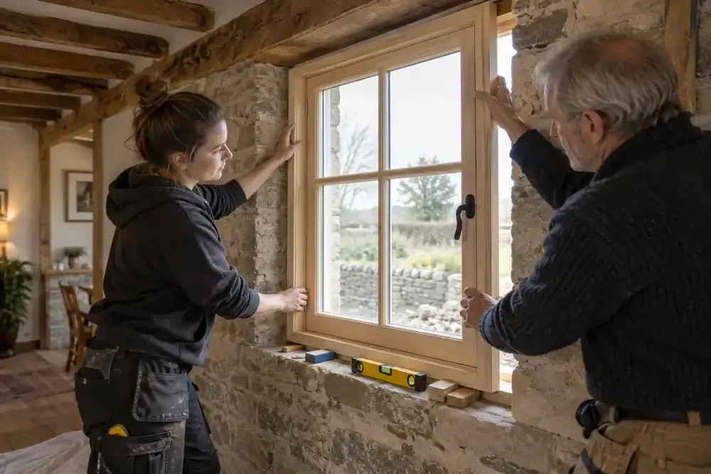 Two craftspeople installing a timber-framed window in an unfinished wall