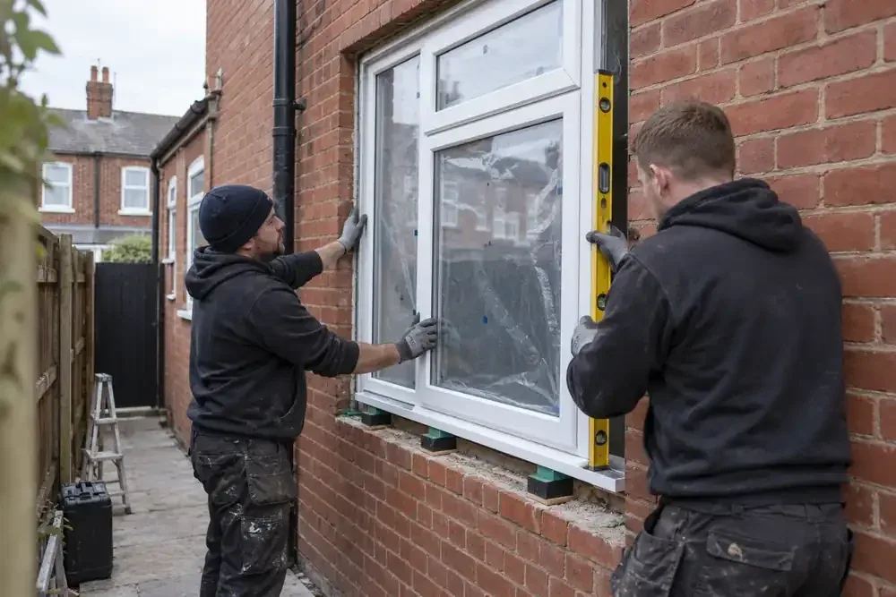 Two installers levelling a white uPVC window in a brick opening